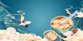 蓝色国潮古风立冬饺子美食飞鹤展板背景